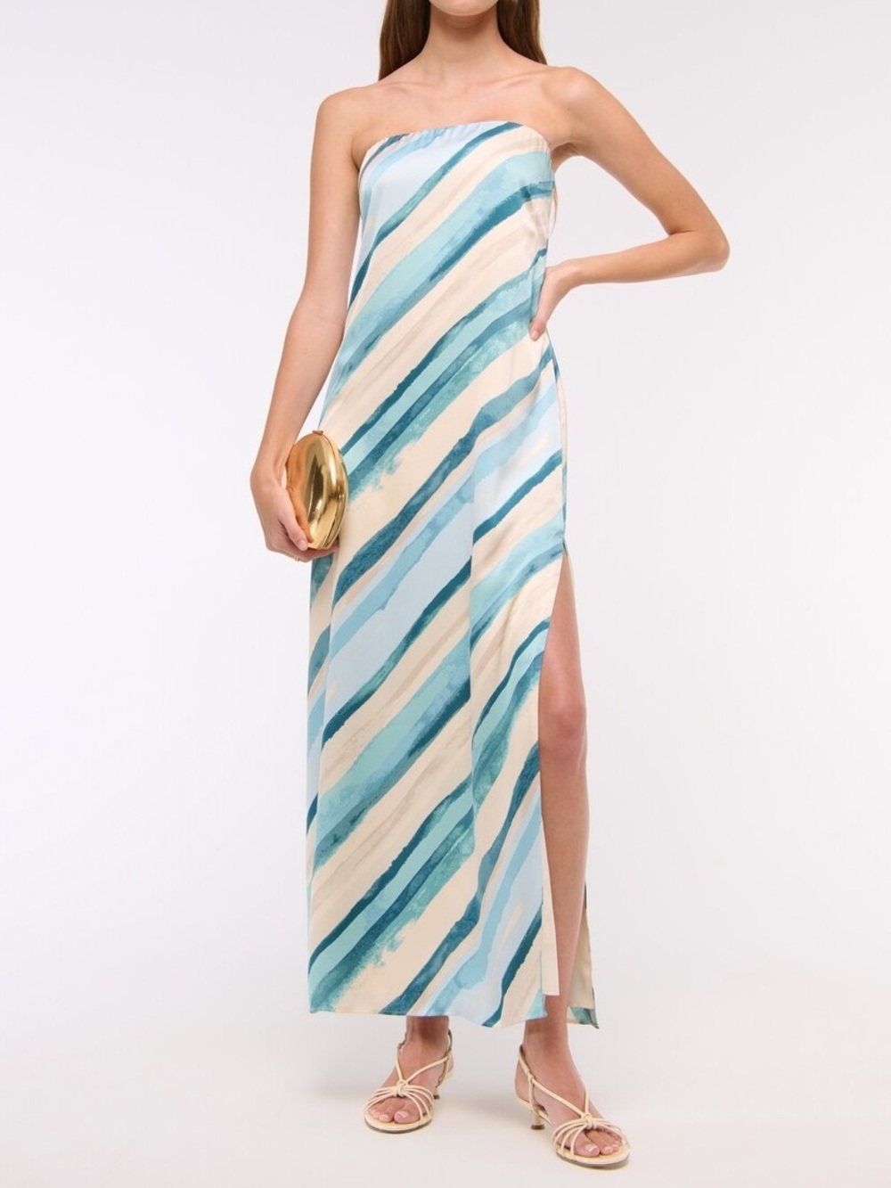 Abercrombie & Fitch Strapless Striped Maxi Dress in Aqua & Cream Stripe